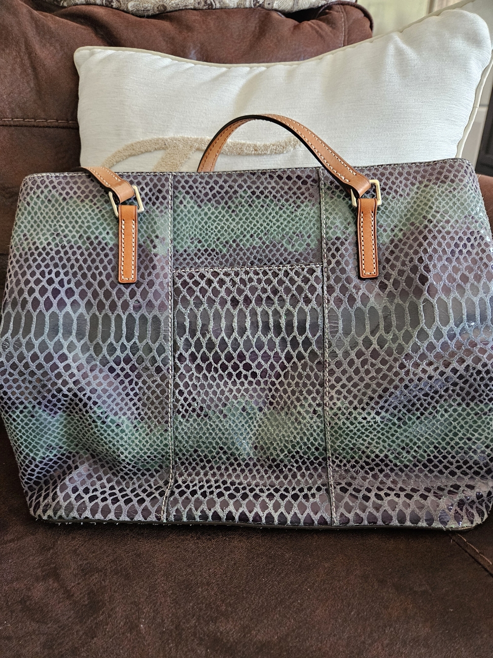 Snake-Print Top-Handle Tote in Green and Brown